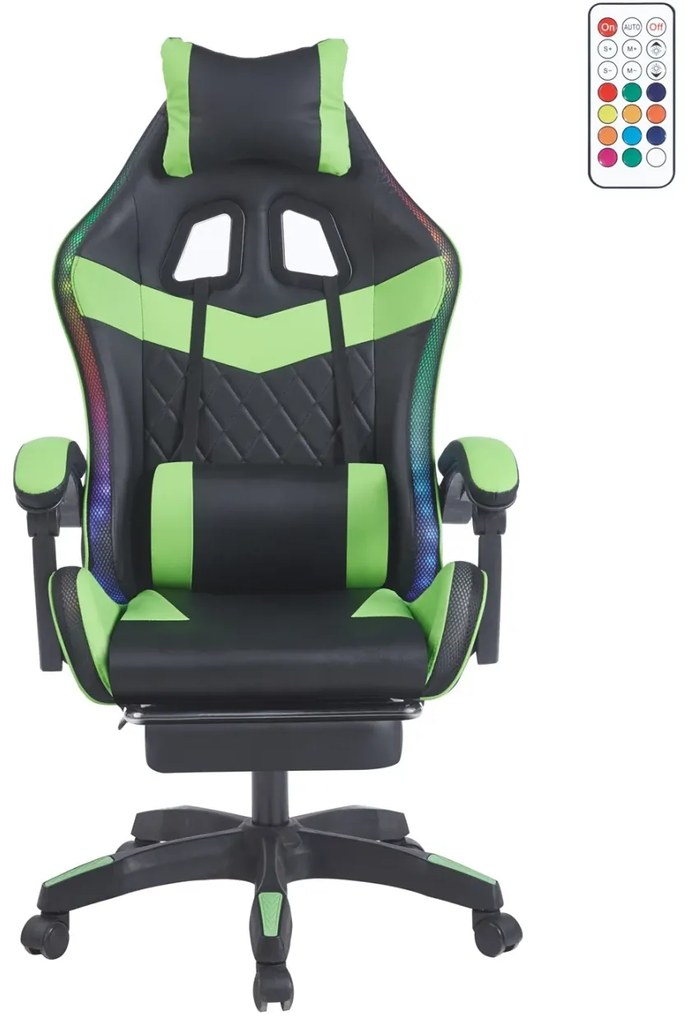 Scaun gaming, sistem iluminare bandă LED RGB, masaj în perna lombară, suport picioare, Negru/Verde