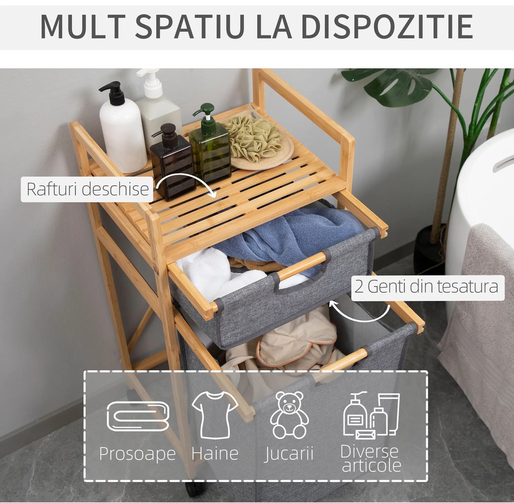 HOMCOM Coș de Rufe Elegant din Bambus cu 2 Saci Detașabili și Raft Deschis Design Compact pentru Baie sau Dormitor | Aosom Romania