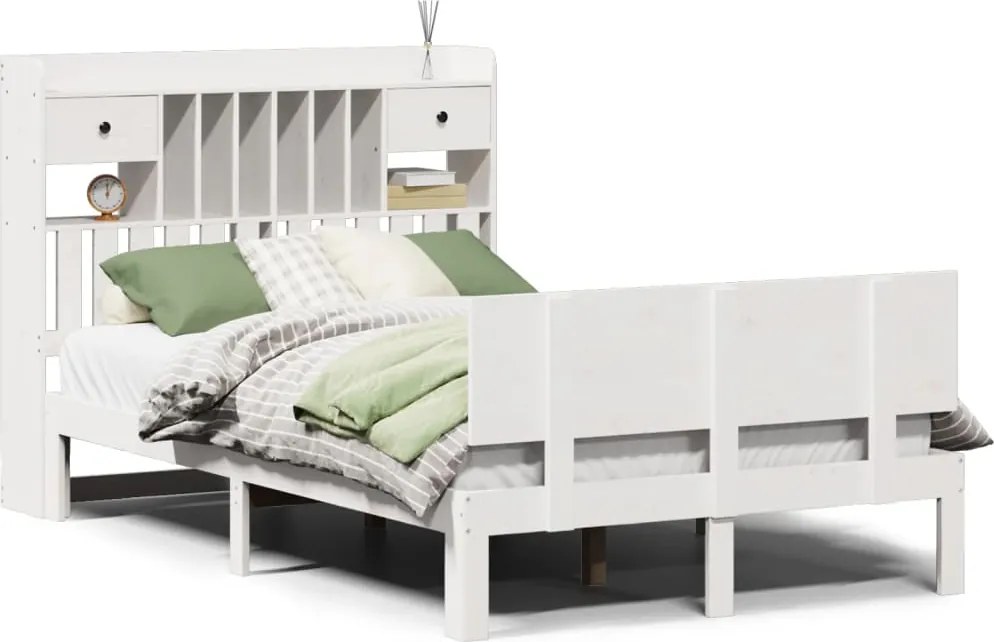 vidaXL Pat cu bibliotecă fără saltea, alb, 135x190 cm, lemn masiv pin