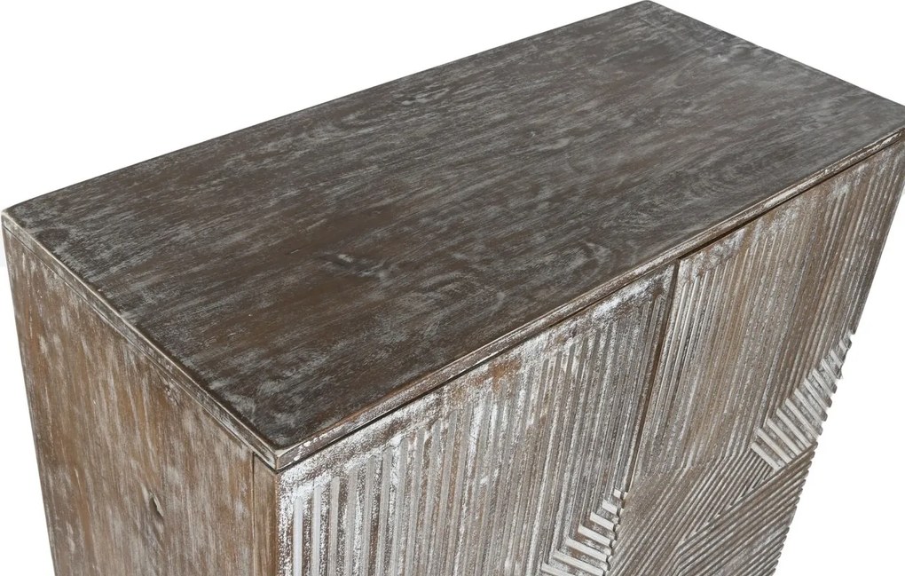 Dulap vintage din lemn de mango, alb, cu 2 uși, 2 rafturi și relief geometric, pe picioare, finisaj patinat, 134 x 85 x 38 cm, „Fougères”