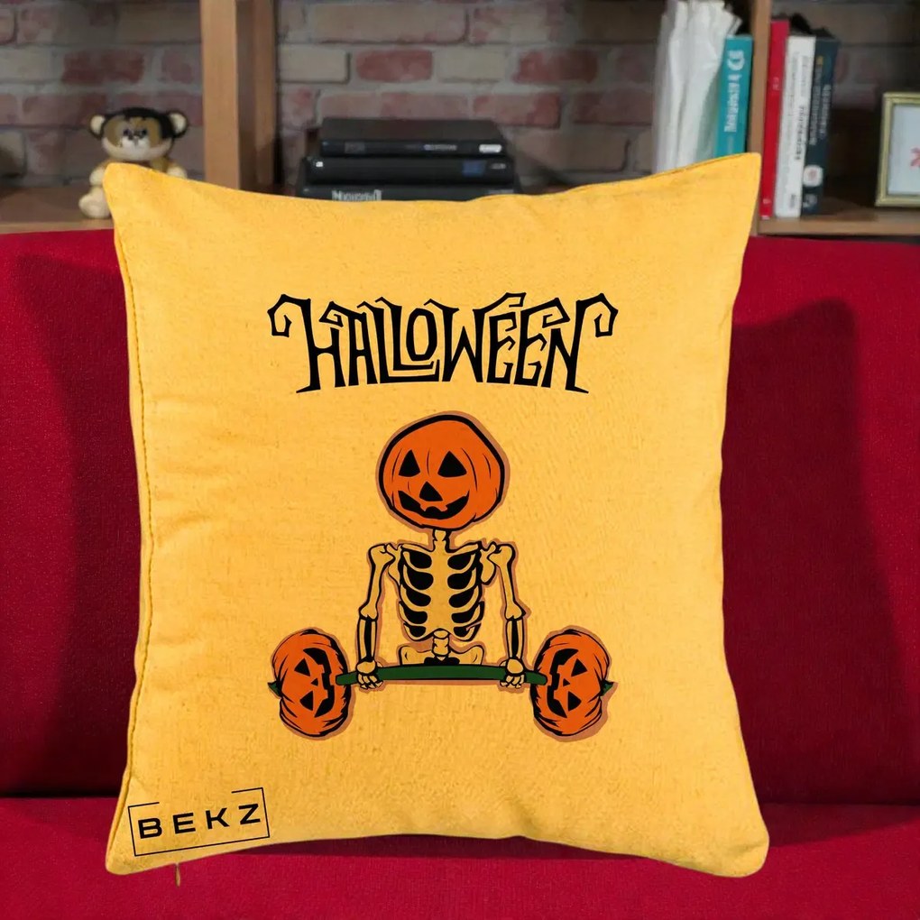 Perna Decorativa Halloween Schelet cu Cap de Dovleac Powerlifting, 40x40 cm, Galben, Husa Detasabila, Perna Inclusa, BEKZ®