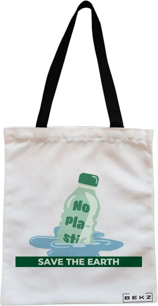 Sacosa de Panza pentru Cumparaturi, Geanta Tote, model No plastic - Save the earth, Cu fermoar, 38x34.5 cm, Alba, BEKZ®