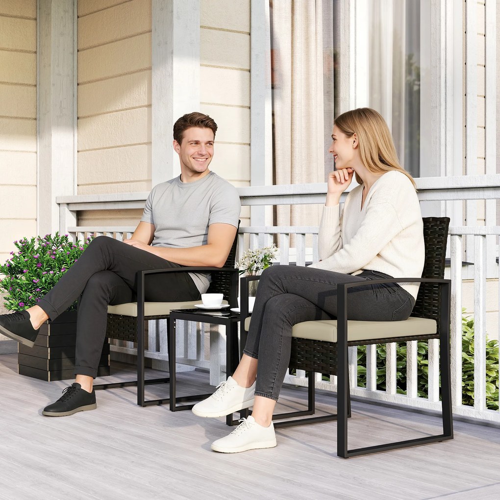 Outsunny Set de grădină din ratan PE pentru 2 persoane, masă de grădină cu 2 scaune, blat din sticlă securizată, maro | Aosom Romania