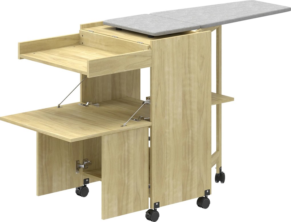 HOMCOM Dulap Masă de Călcat Rabatabilă cu Roți și Suport pentru Fier de Călcat, Dulap Multifuncțional cu Rafturi, Compartiment Deschis, pentru Spălătorie, Baie, 154x55x87 cm, Lemn Natural | Aosom Romania