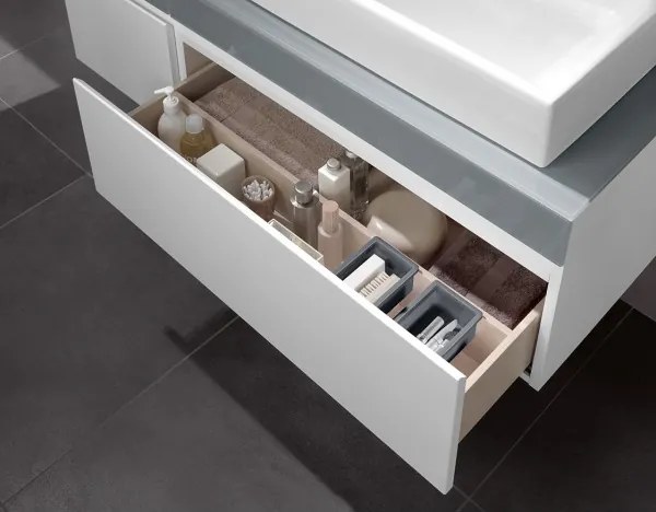 Dulap baza suspendat cu blat sticla, Memento Villeroy&amp;Boch, lavoar dreapta, 80.6x46x37cm, alb/gri, C779R0MT