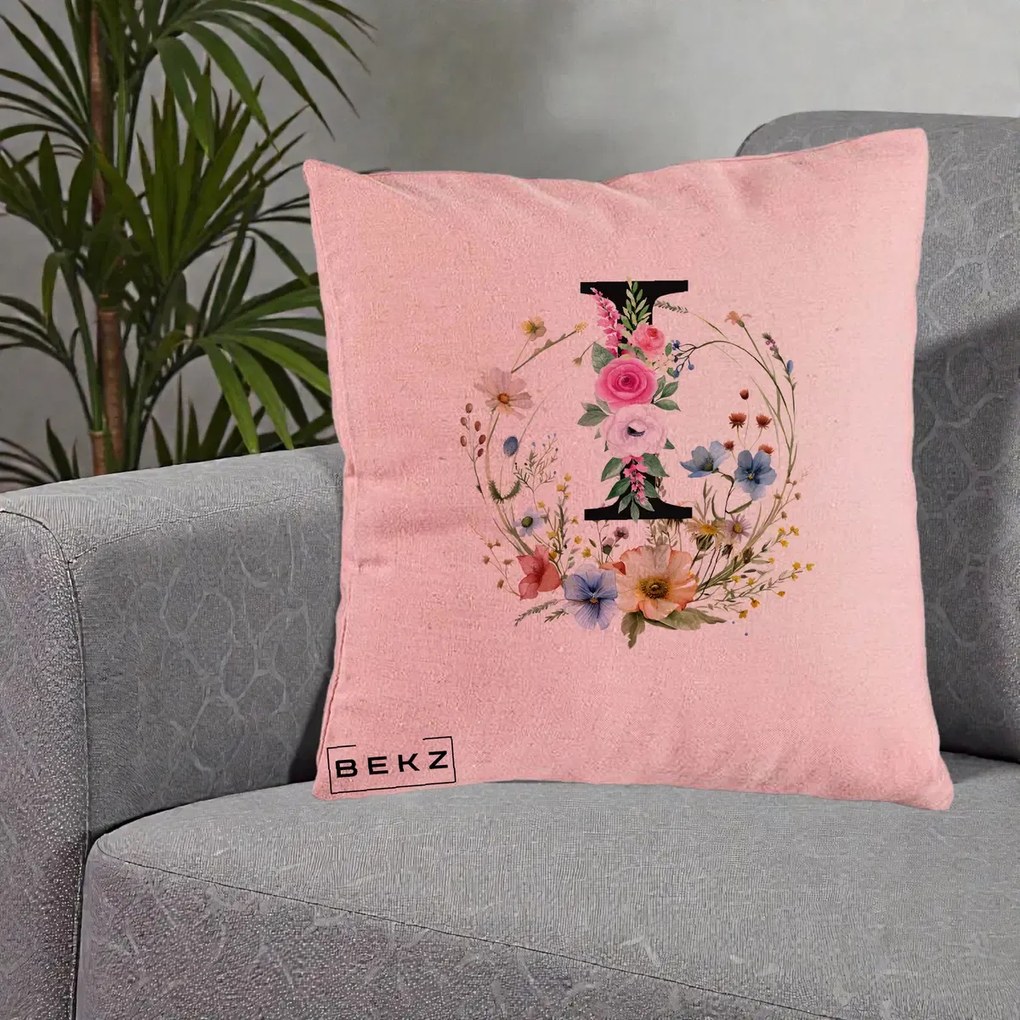 Cadou Personalizat - Perna Personalizata Monogram Litera I cu Flori Acuarela, 40x40 cm, Roz, Husa Detasabila, Perna Inclusa, BEKZ®