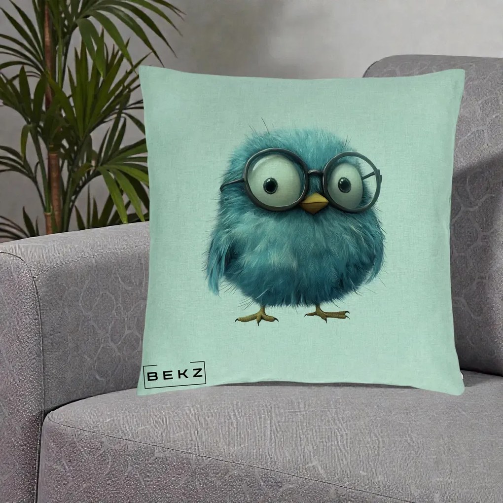 Perna Decorativa Pui Pufos Teal cu Ochelari, 40x40 cm, Verde Menta, Husa Detasabila, Perna Inclusa, BEKZ®