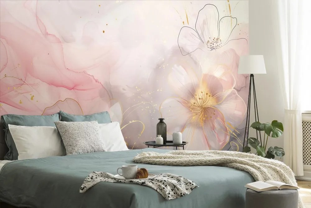 Tapet flori elegante cu atingere de roz-auriu