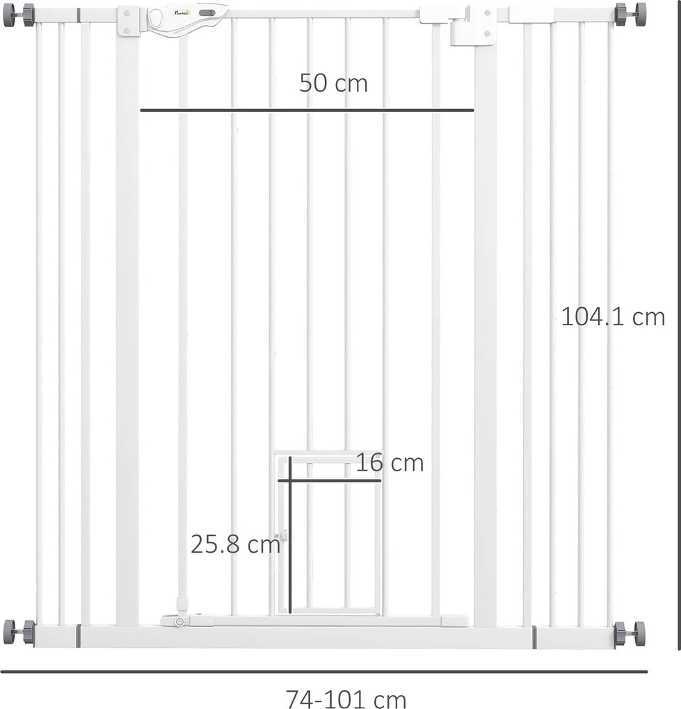 PawHut Poartă Reglabilă pentru Câini Înaltă cu Ușă Mică și Închidere Automată, 74-101x104cm, Alb | Aosom Romania