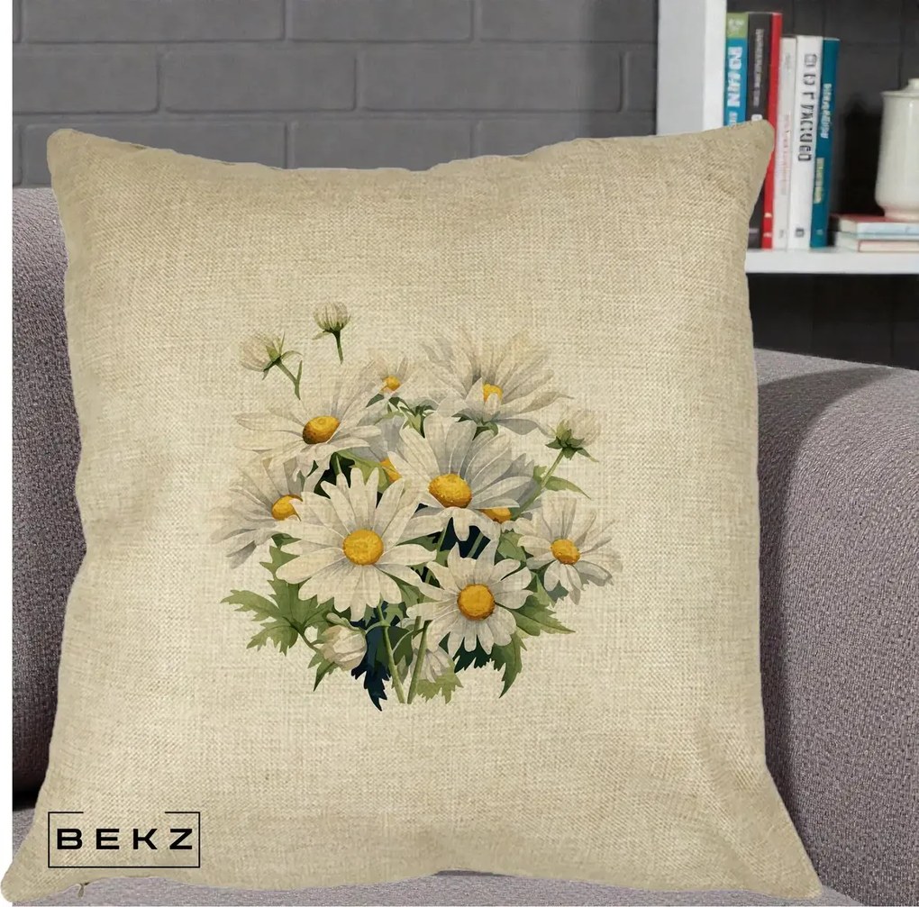 Perna Decorativa Buchet Margarete Albe Acuarela, 40x40 cm, Crem, Husa Detasabila, Perna Inclusa, BEKZ®
