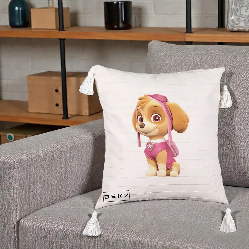 Perna Personalizata Skye PAW Patrol Roz, 40x40 cm, Bej cu Franjuri, Husa Detasabila, Perna Inclusa, BEKZ®