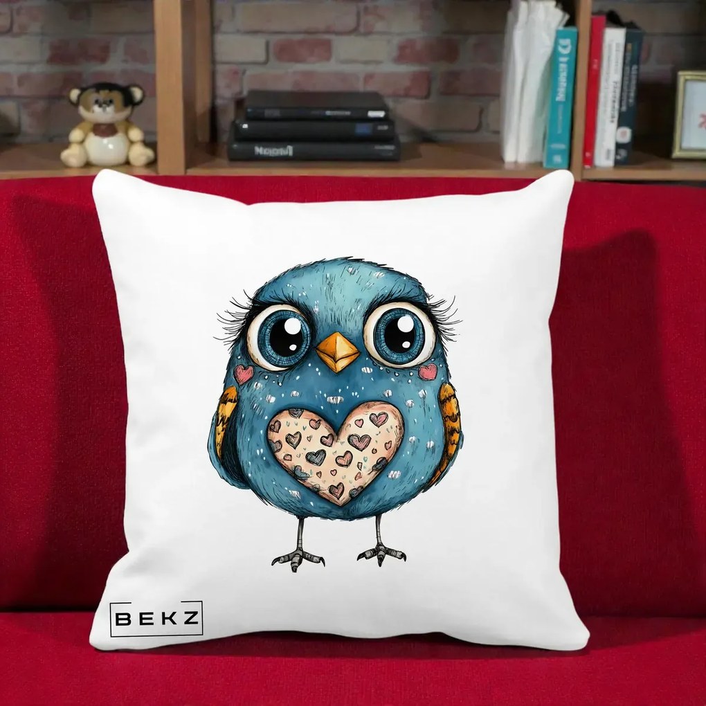 Perna Decorativa Bufnita Albastra cu Inimioare, 40x40 cm, Alba Mata, Husa Detasabila, Perna Inclusa, BEKZ®