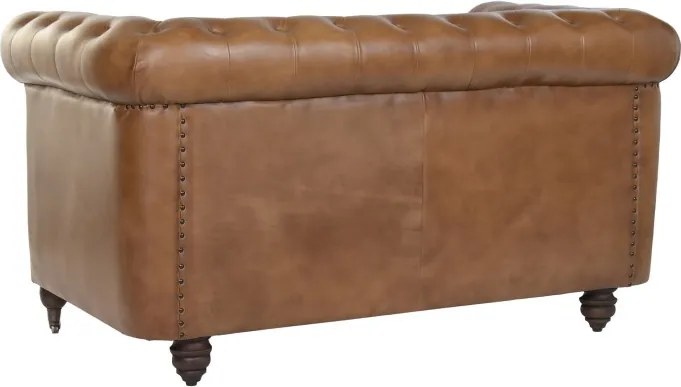 Canapea Chesterfield cu 2 locuri din piele, maro, spătar și brațe capitonate cu ținte, picioare cu rotile, finisaj patinat, 76 x 148 x 80 cm,