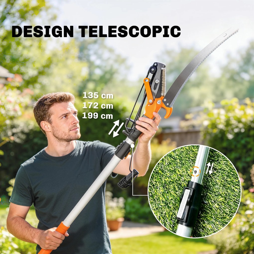 Outsunny Ferăstrău Manual 2-în-1 cu Tijă Telescopică din Aluminiu de 2-3 m, Ferăstrău de Tăiere și Foarfece cu Blocare de Siguranță | Aosom Romania