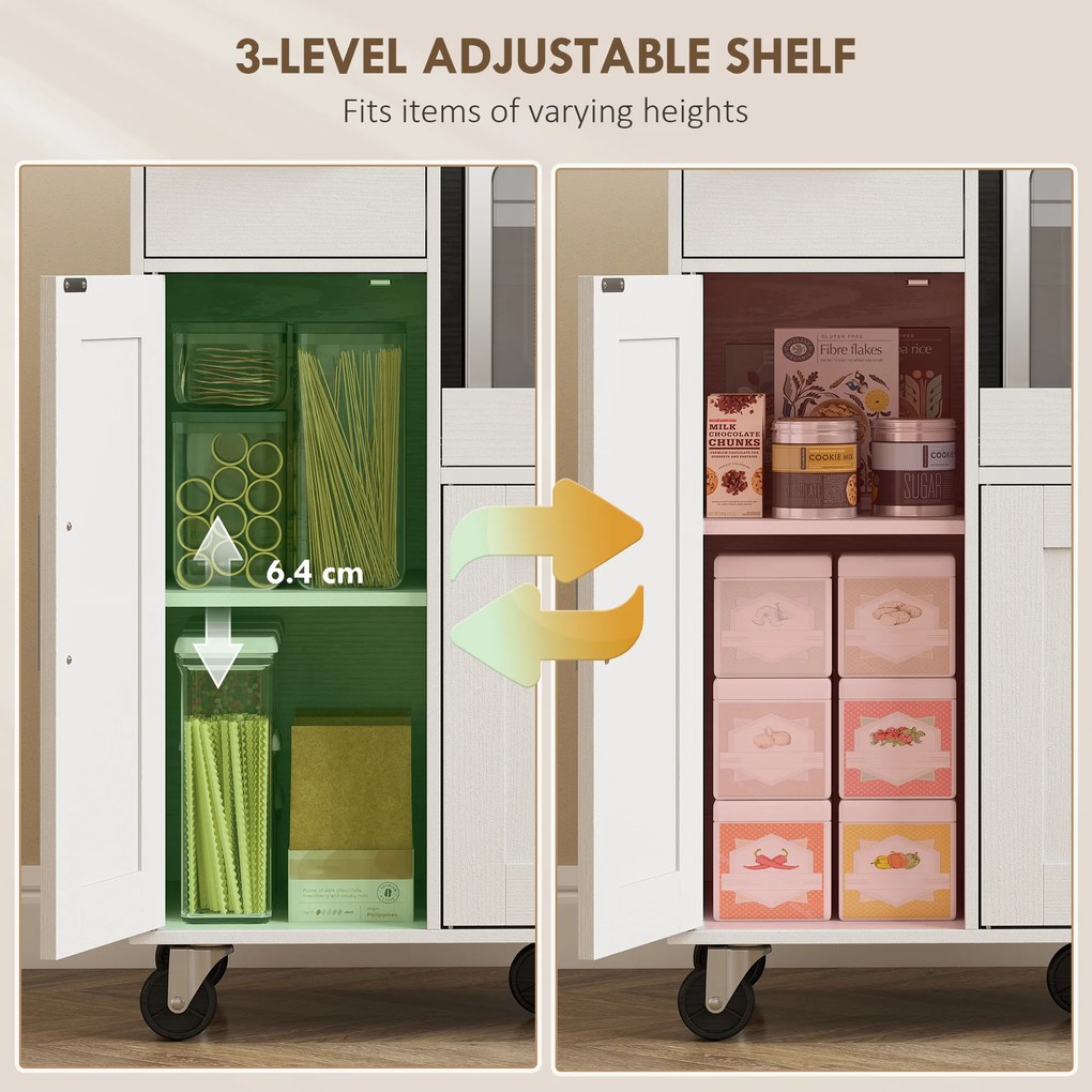 HOMCOM Dulap pentru cuptorul cu microunde din lemn, cu sertar, 2 dulapuri, raft deschis și blat ajustabil, 80x40x88.7 cm, alb | Aosom Romania