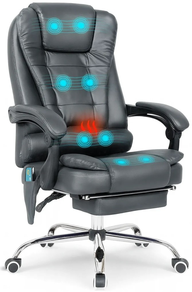 Scaun directorial cu Masaj si Incalzire, functie sezlong, suport picioare, piele PU, Gri