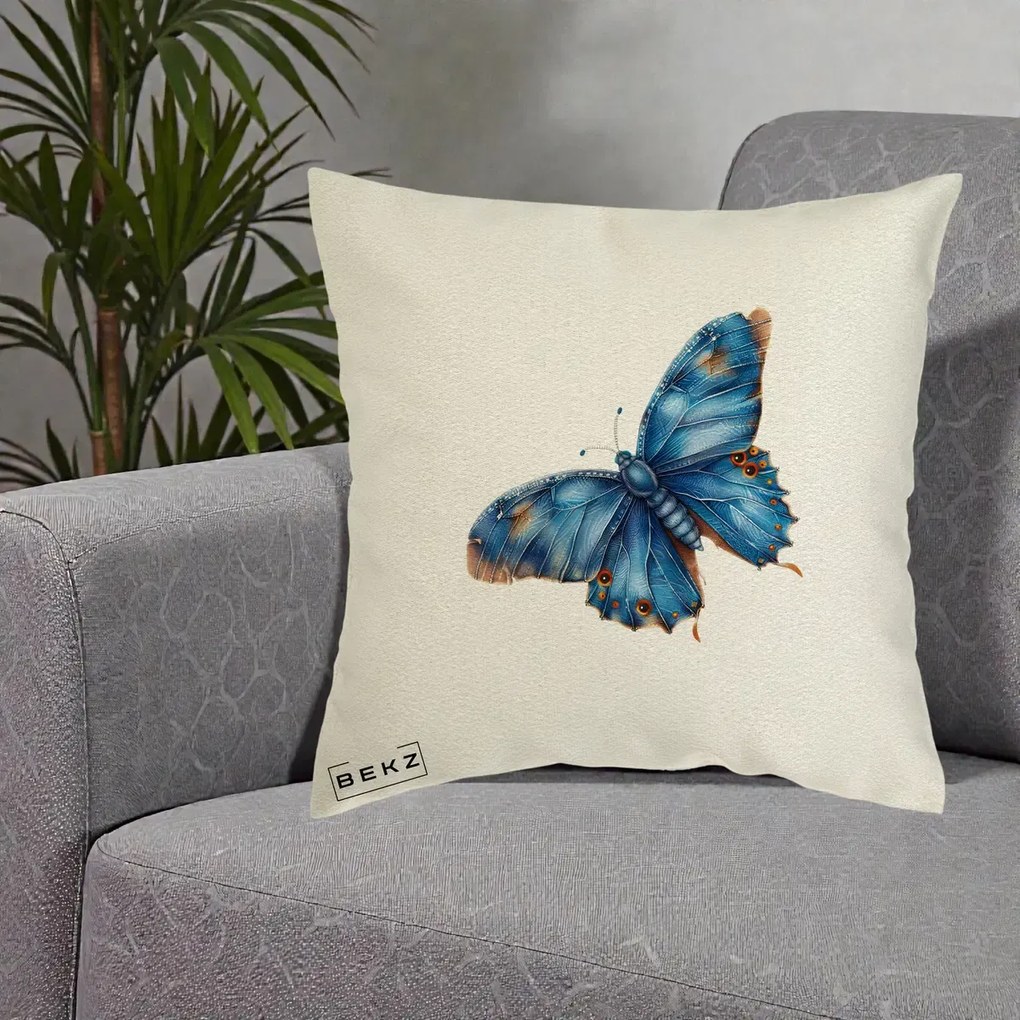 Perna Decorativa Fluture Albastru Satin cu Pete Aurii, 40x40 cm, Ecru, Husa Detasabila, Perna Inclusa, BEKZ®