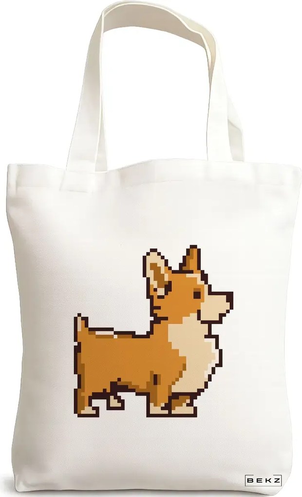 Sacosa de Panza pentru Cumparaturi, Geanta Tote, model 8bit Doggo, 38x34.5 cm, Alba, BEKZ®