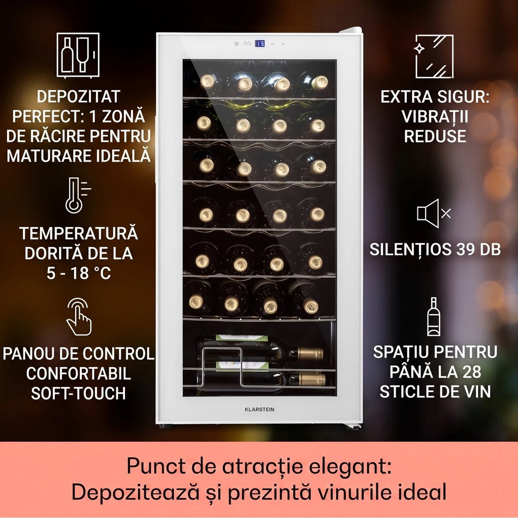 Klarstein Shiraz 28 Uno, frigider pentru vin, 74 litri, 28 sticle, panou de control tactil, 5-18°C