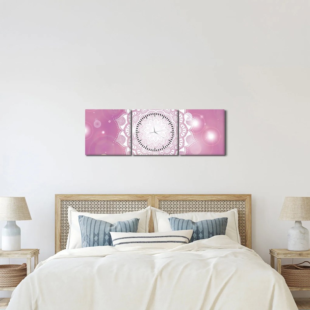 Tablou - Mandala pe fundal roz (cu ceas) (90x30 cm)
