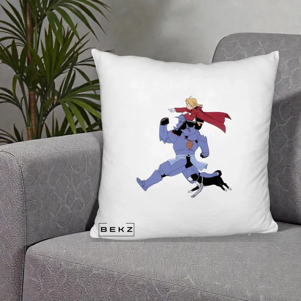 Perna Personalizata Fullmetal Alchemist Edward si Alphonse, 40x40 cm, Alb Pufos, Husa Detasabila, Perna Inclusa, BEKZ®