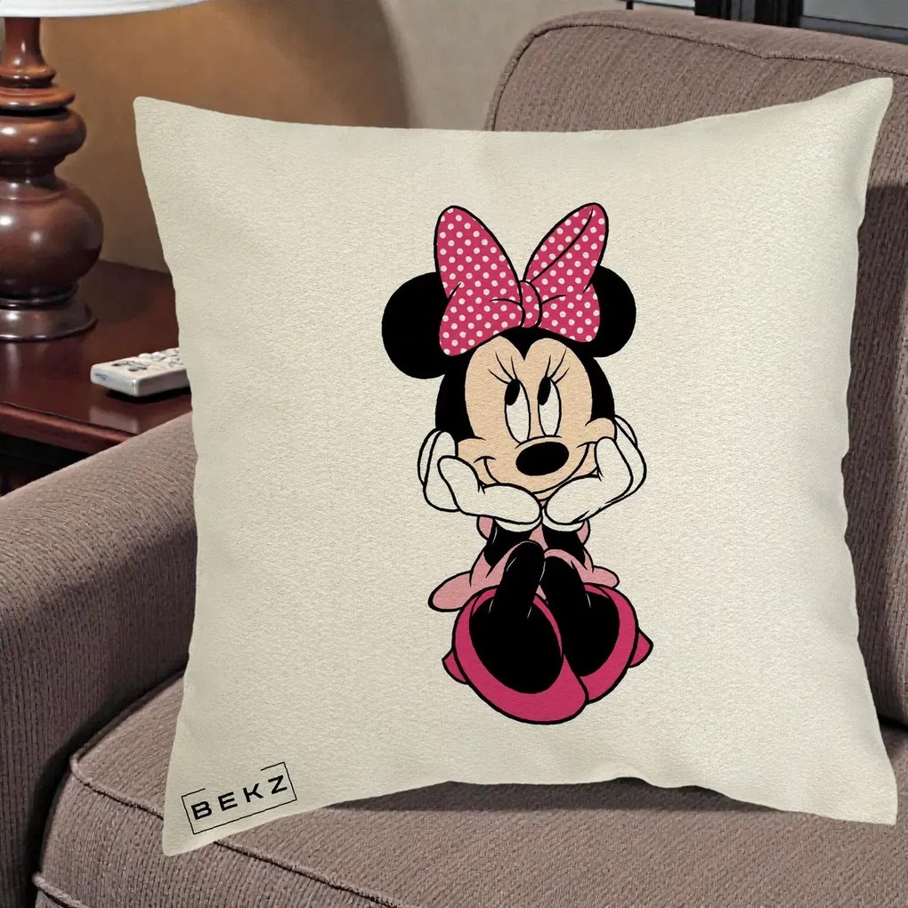 Perna Personalizata Minnie Mouse cu Fundita, 40x40 cm, Ecru, Husa Detasabila, Perna Inclusa, BEKZ®