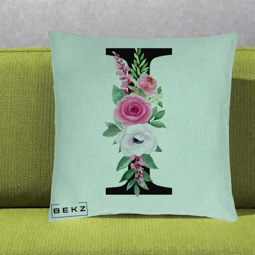 Cadou Personalizat - Perna Personalizata Monograma Florala Litera I, 40x40 cm, Verde Menta, Husa Detasabila, Perna Inclusa, BEKZ®