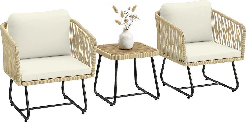 Outsunny Set bistro din ratan 3 piese FSC set mobilier de grădină cu 2 fotolii, masă din lemn cu lamele, perne groase lavabile, cadru din oțel | Aosom Romania