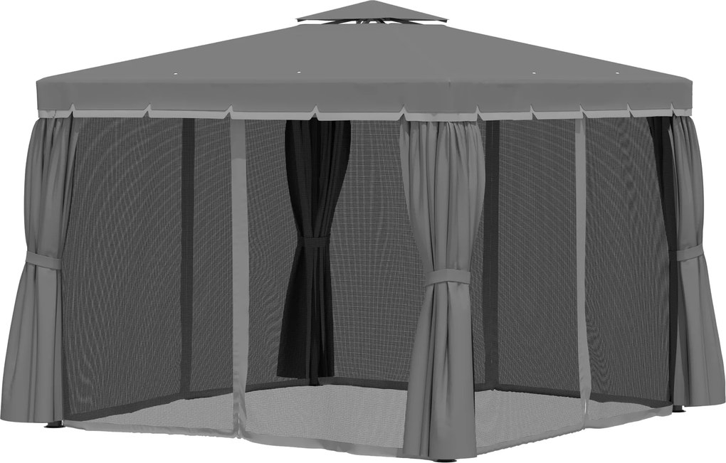 Outsunny Pavilion de grădină 2,96 x 2,96 m, cort cu dublu acoperiș, cort pentru petreceri, 4 părți laterale, plasă de țânțari, rezistent la intemperii, aluminiu/poliester, gri închis | Aosom Romania