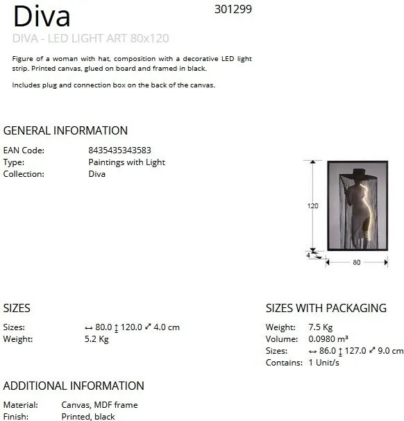 Tablou de perete decorativ cu iluminat Diva