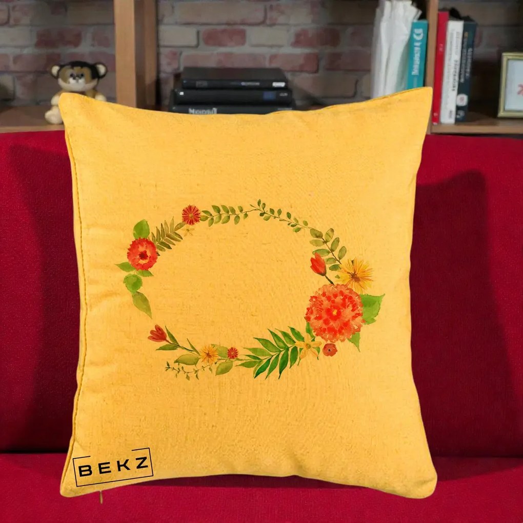 Perna Decorativa Coroana Florala Acuarela, 40x40 cm, Galben, Husa Detasabila, Perna Inclusa, BEKZ®