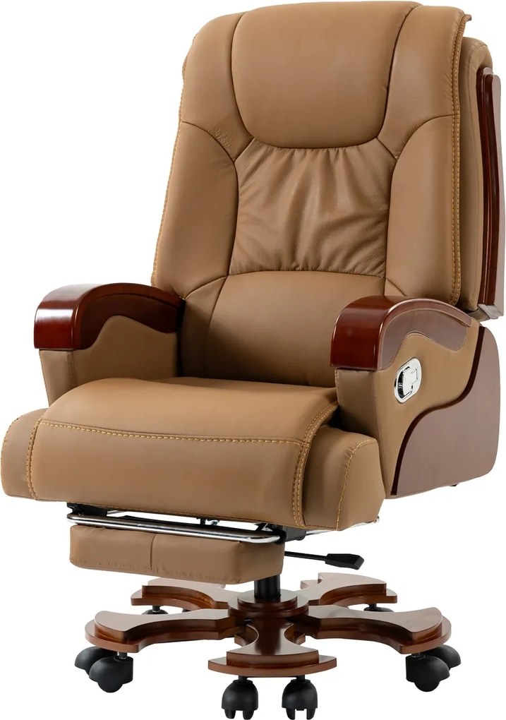 EXECUTIVE SIGNATURE 8033 – Scaun directorial din piele naturala si lemn masiv, Masaj in 9 puncte si Incalzire, rezistent 150 kg, Khaki