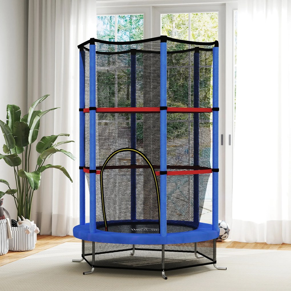 HOMCOM Saltea Elastică pentru Copii 3-6 Ani cu Plasă de Protecție, 6 Stâlpi și 3 Intrări, Ø140x190 cm, Albastru | Aosom Romania