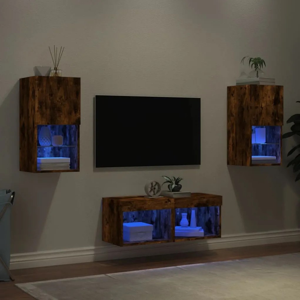 vidaXL Comode TV de perete cu lumini LED, 4 piese, stejar fumuriu