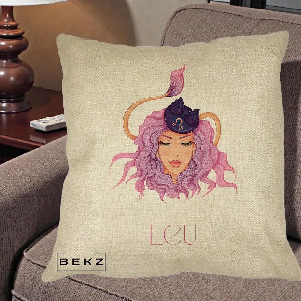 Perna Personalizata Zodie Leu, 40x40 cm, Crem, Husa Detasabila, Perna Inclusa, BEKZ®