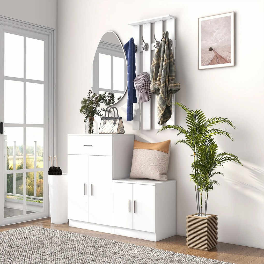HOMCOM Mobilier de Hol cu Cuier din Lemn, Spațiu de Depozitare și Design Elegant, 100x32x187cm, Alb | Aosom Romania