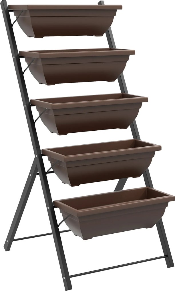 Outsunny Suport pentru Plante Vertical cu 5 Niveluri și 5 Ghivece cu Găuri de Drenaj, Suport din Oțel și Plastic, 55x63x120 cm, Maro | Aosom Romania