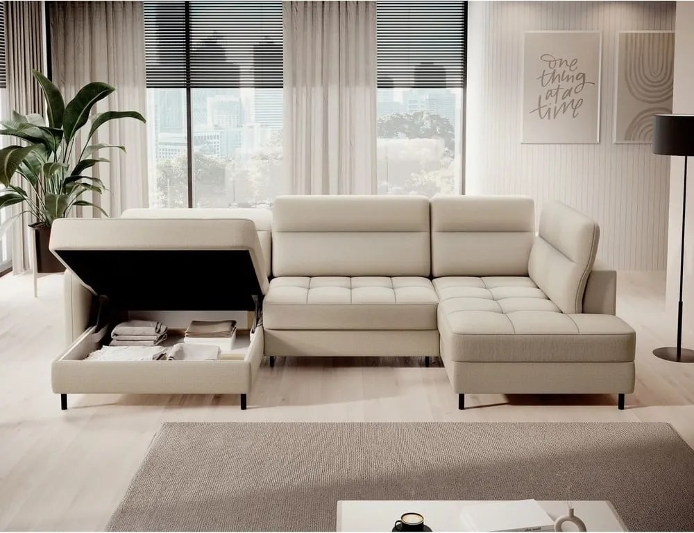 Colțar bej extensibil/cu spațiu de depozitare cu tapițerie din catifea (cu colț pe partea dreaptă/în formă de "U") Berrto – ELTAP