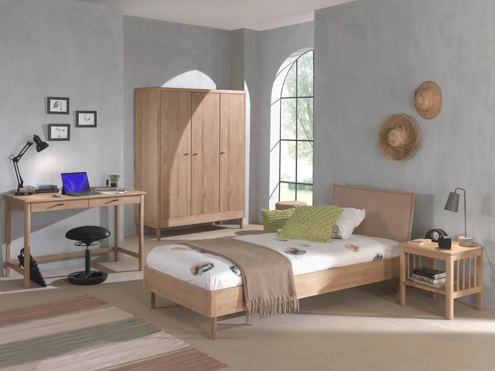 Set Complet Mobilier Camera Copii Forrest Oak, Pat 90x200 cm cu Tăblie Textilă, Dulap cu 3 Uși, Noptieră și Birou, din Lemn de Stejar, Natur – Vipack