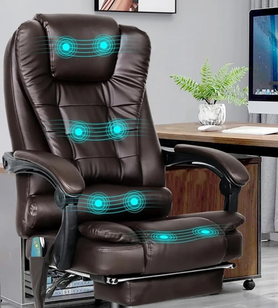 Scaun directorial cu Masaj si Incalzire, functie sezlong, suport picioare, piele PU, Maro
