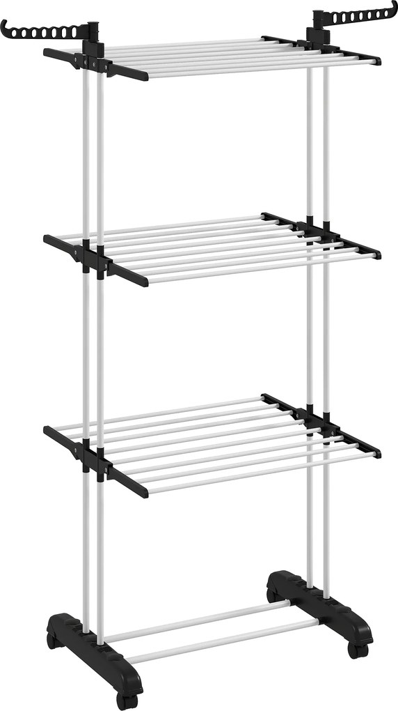 HOMCOM Uscător de Rufe Tip Turn cu 4 Niveluri, Suport pentru Uscat Rufe cu Aripi Laterale Pivotante și 4 Roți, 73x64x177 cm, Negru