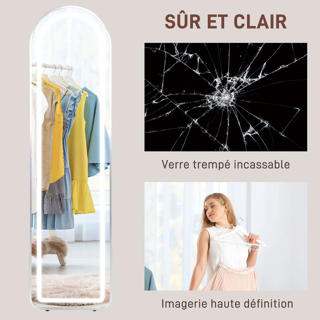 HOMCOM Oglindă completă în arc oglindă de corp cu LED 3 culori lumina reglabile funcție memorie 150 x 40 cm argintiu | Aosom Romania