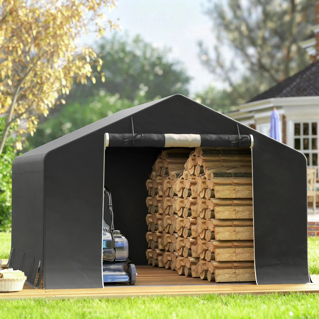 Outsunny Garaj Moto Exterior 3x3 m, Impermeabil, cu Ușă și Guri de Aerisire Rulabile, pentru Biciclete și Unelte, Gri Închis | Aosom Romania