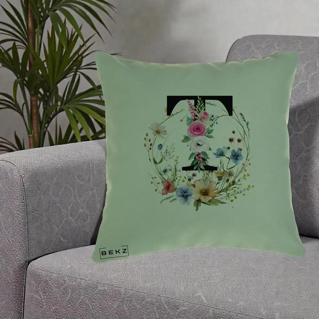 Cadou Personalizat - Perna Personalizata Monogram Litera T cu Flori Acuarela, 40x40 cm, Verde, Husa Detasabila, Perna Inclusa, BEKZ®