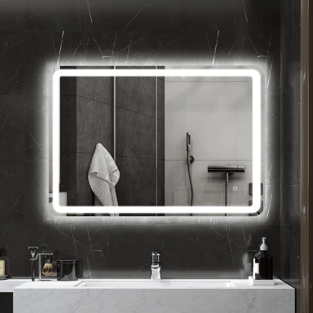 kleankin Oglinda pentru Baie cu Lumini LED, 70x50 cm, Argintiu | Aosom Romania