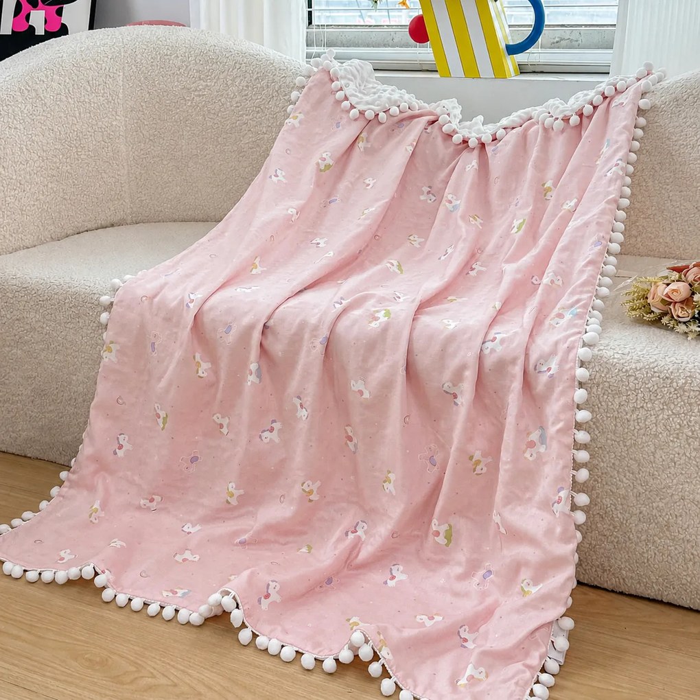 Pătură copii bumbac 100%, roz cu ponei,100x150 cm