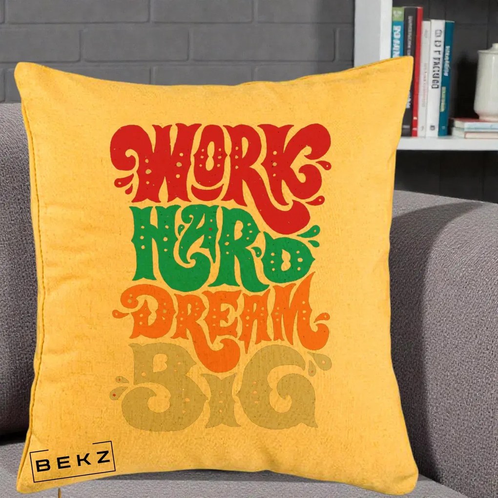 Perna Decorativa Work Hard Dream Big Retro, 40x40 cm, Galben, Husa Detasabila, Perna Inclusa, BEKZ®