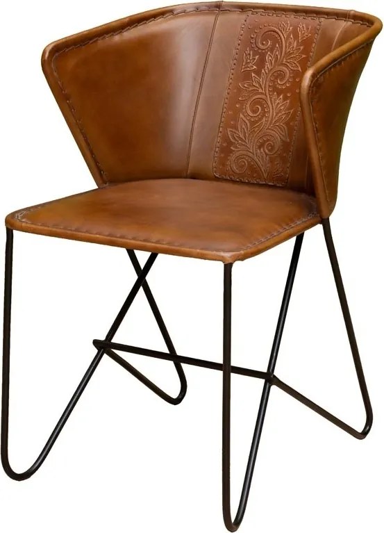 Scaun de dining din piele maro, formă asimetrică, cu motive florale gravate, picioare metalice, finisaj patinat, 75×49×61 cm, „Flower"