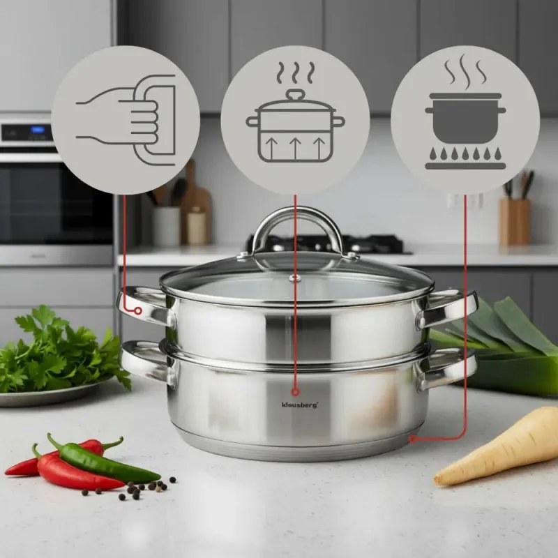 Oala pentru gatit la abur Klausberg KB 9072, 3,5 l, 24 cm, 3 piese, Simultan pe 2 niveluri, Scala de masurare, Fund cu 5 straturi, Inductie, Otel inoxidabil