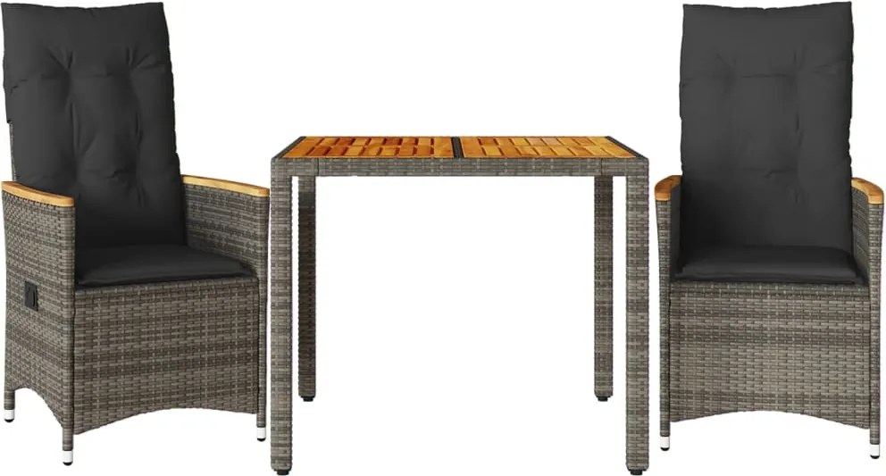 vidaXL Set bistro de grădină cu perne, 3 piese, gri, poliratan